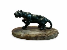 Art Deco Japanese Green Patinated Spelter Tiger On An Alabaster Base Ashtray H29