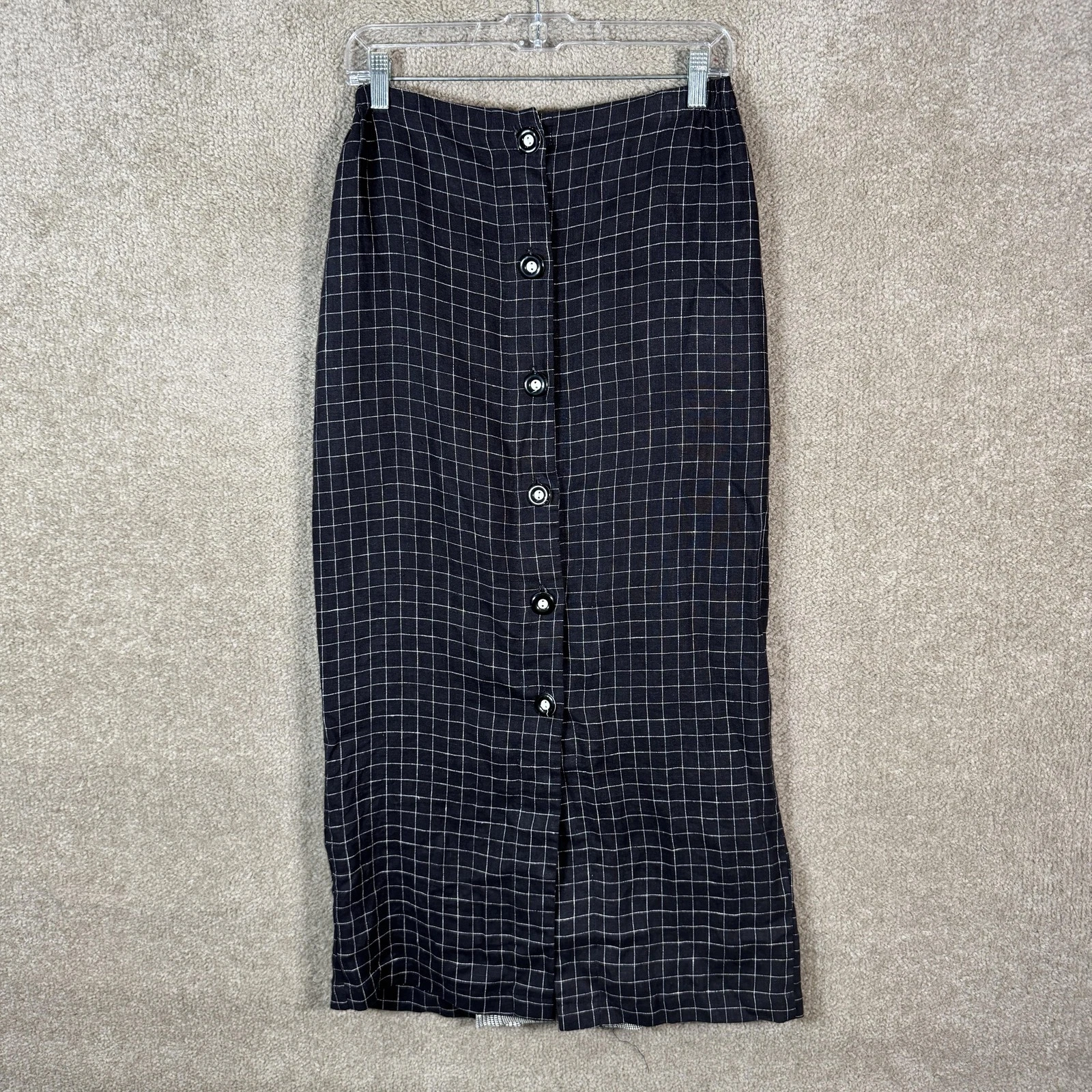 Coco + Juan Skirt Womens 0 Black Linen Windowpane Check Maxi Lagenlook USA