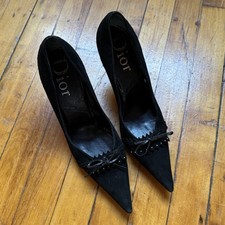 Vintage Christian Dior Black Suede Studded Bow Pointed Toe Pumps 38 Italy