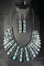 ALLURING WOW STATEMENT SET FAUX TURQUOISE NECKLACE FISHHOOK EARRINGS SILVERTONE