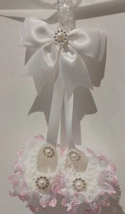 Pram charms  **new**white  girl booties Baby pram charm hand knitted  