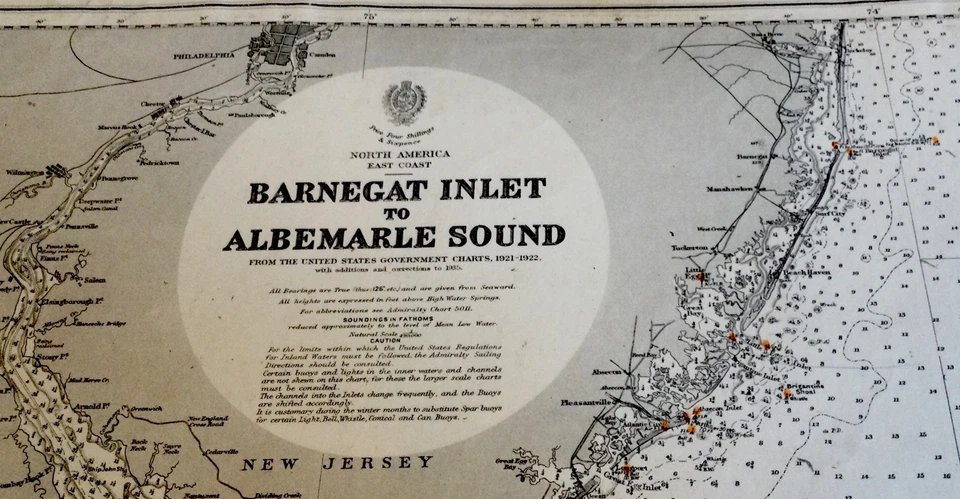 VINTAGE ADMIRALTY CHART. No. 266. BARNEGAT INLET to ALBEMARLE SOUND. 1923 EdN. - Image 3 of 4
