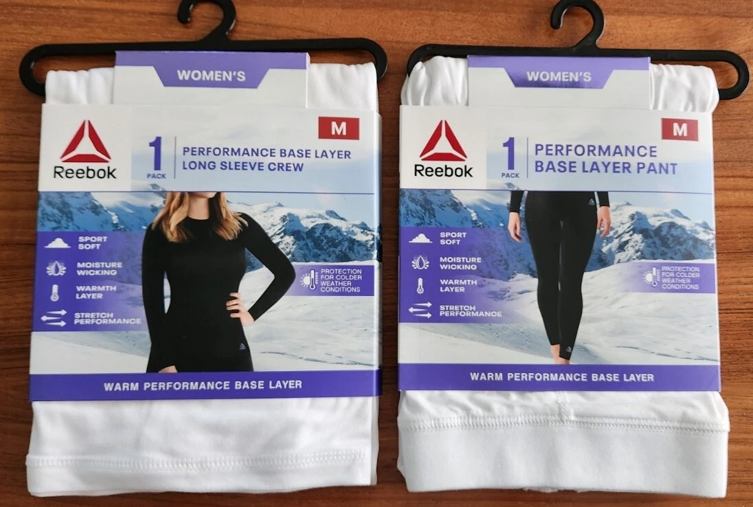 Reebok Women's MEDIUM Base Layer Thermal Crew Top & Pants SOLID WHITE #10824