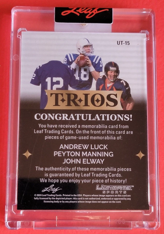 TARJETA JERSEY USADA JUEGO PEYTON MANNING #d3/8 JOHN ELWAY ANDREW SUERTE '24 LEAF COLTS Foto 2 de 3