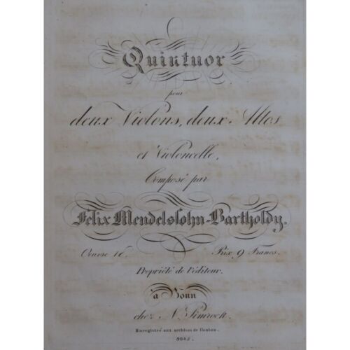 Mendelssohn Quintuor Quintet Op 18 Violins Altos Cello 1833 - Picture 1 of 4