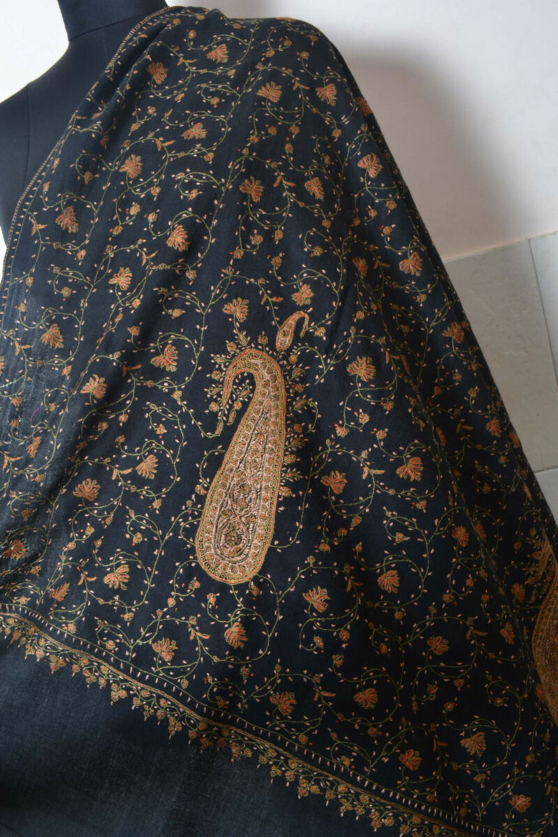 KASHMIRI PAISLEY EMBROIDERY JAAL - BLACK 100% CASHMERE