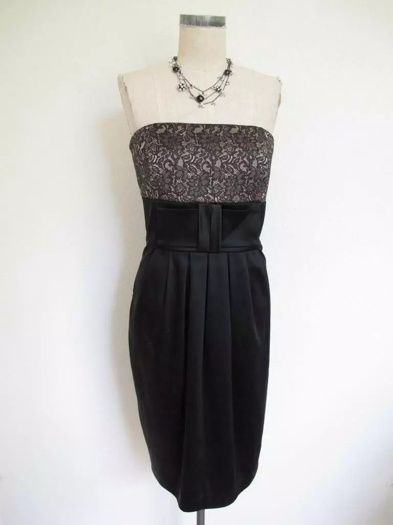 White House Black Market Sheath Cocktail Dress 8 Strapless Satin Bow Lace Retro