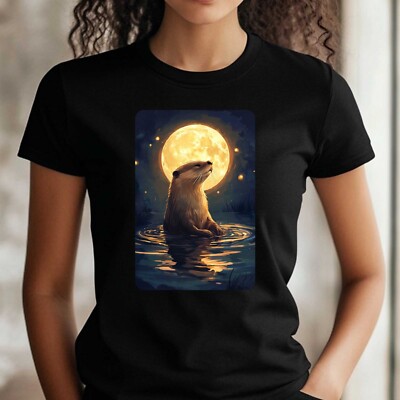 T-Shirt Frauen Otter an Vollmond Motiv Baumwolle Größe XS bis 3XL