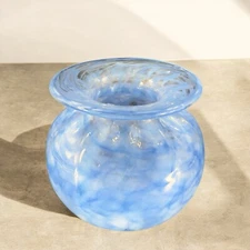 Bohemian Art Glass Vase Signed Sandy Pratati Hand Blown Glass Vessel Blue White