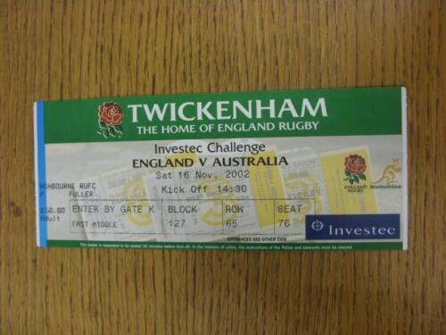 16/11/2002 Rugby Union Ticket: England v Australia [At Twickenham] (folded). Ite - Bild 1 von 1