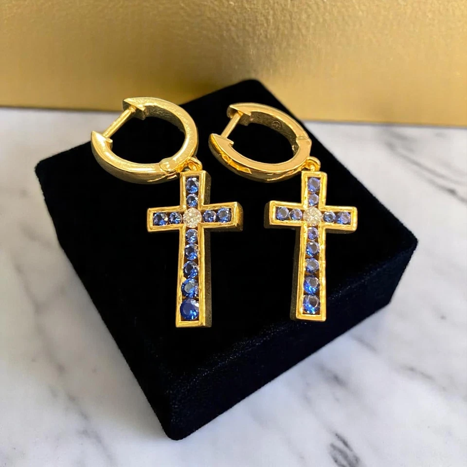 1,36 cts F/VS1 Natürliche Diamanten Blauer Saphir Unisex-Kreuz Ohrringe 18K Gold - Bild 4 von 4