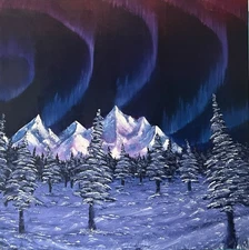Mountain Snow and Northern Lights Alaska Oil Painting Original Landscape 20x20