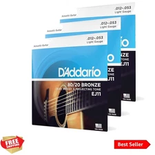 3-Set D'Addario 80/20 Bronze Acoustic Guitar Strings, Light 12-53 - Crisp Tone