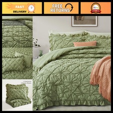 Elegant Green Pinch Pleat Ruffle Queen Comforter Set - 3 Piece Bedding Set