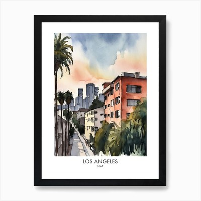 Los Angeles Watercolour Travel Post Framed Wall Art Poster Canvas Print Picture