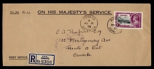DR WHO 1935 DOMINICA FDC KGV REGISTERED OHMS TO CANADA M71151