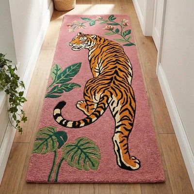 Forest Walking Tiger Design Tufted Runner Rug for Corridor Artistic Tiger Motif