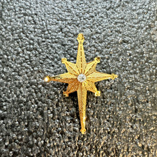 Gold Tone North Star Starburst Brooch Clear Rhinestone Celestial Statement Pin