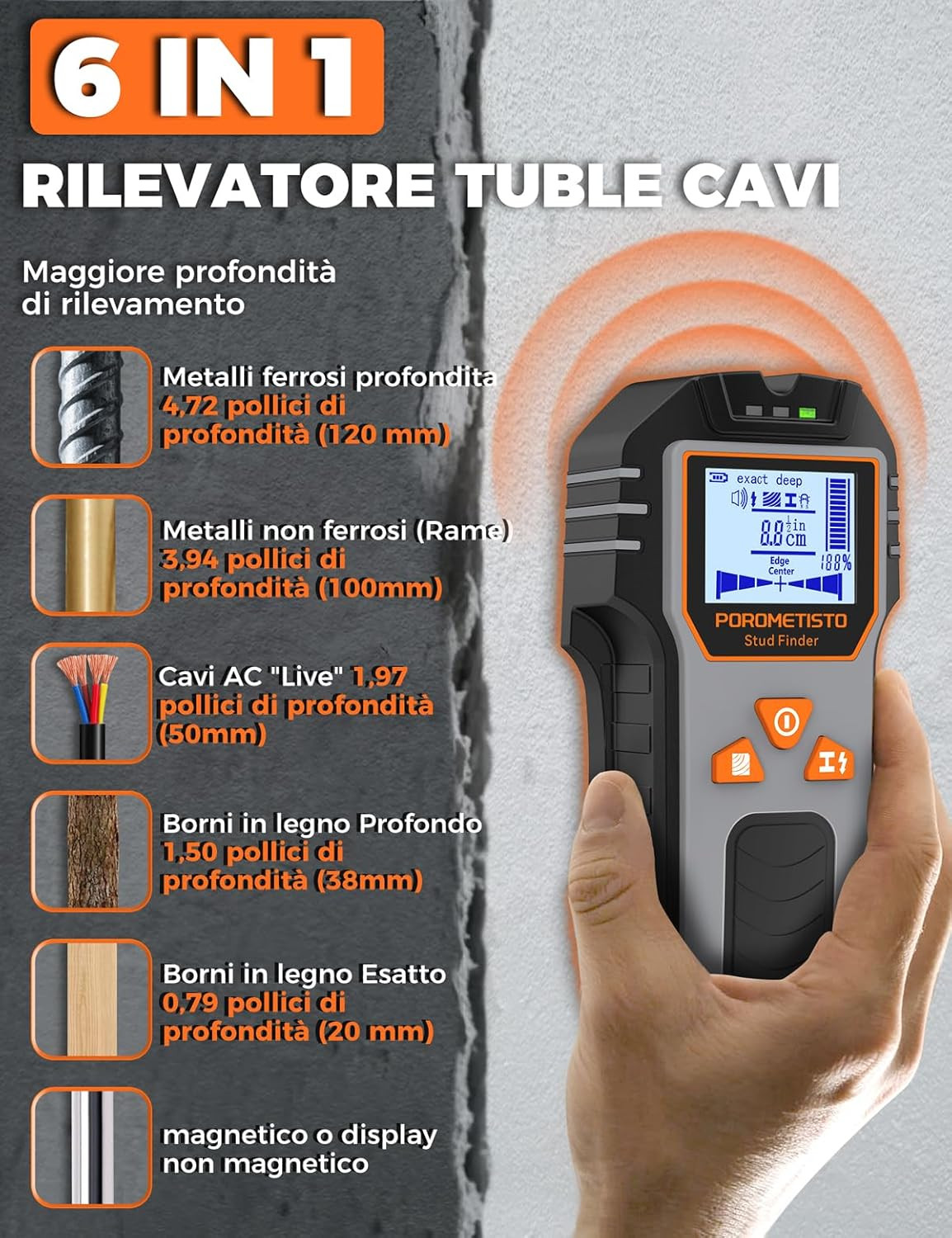 Scanner Parete 6-in-1: Rilevatore Digitale Tubi e Cavi AC 120mm - 2