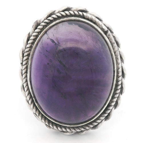 Designer Signed Sterling Silver Oval Amethyst Ring