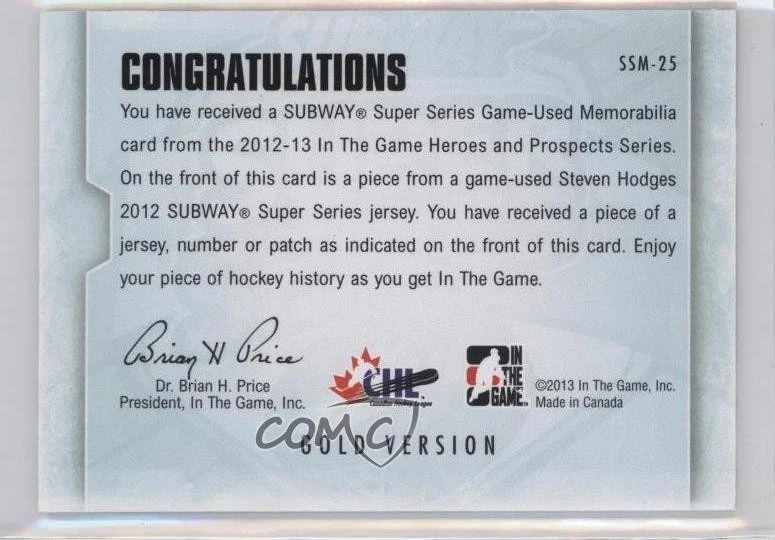 2012-13 ITG Heroes and Prospects Gold Number 1/1 Steven Hodges #SSM-25 - Image 2 of 2