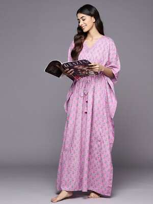 Indian Women's Pink Floral Cotton Beach Maxi One Size NightWear Kaftan Robe  Gown | eBay
