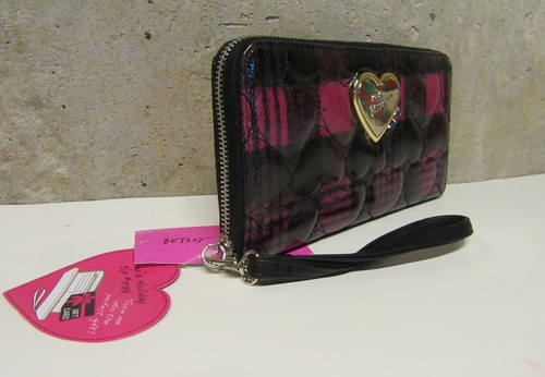 Betsey Johnson Puffy Hearts Zip Around Wallet Black Pink Plaid - Picture 4 of 5