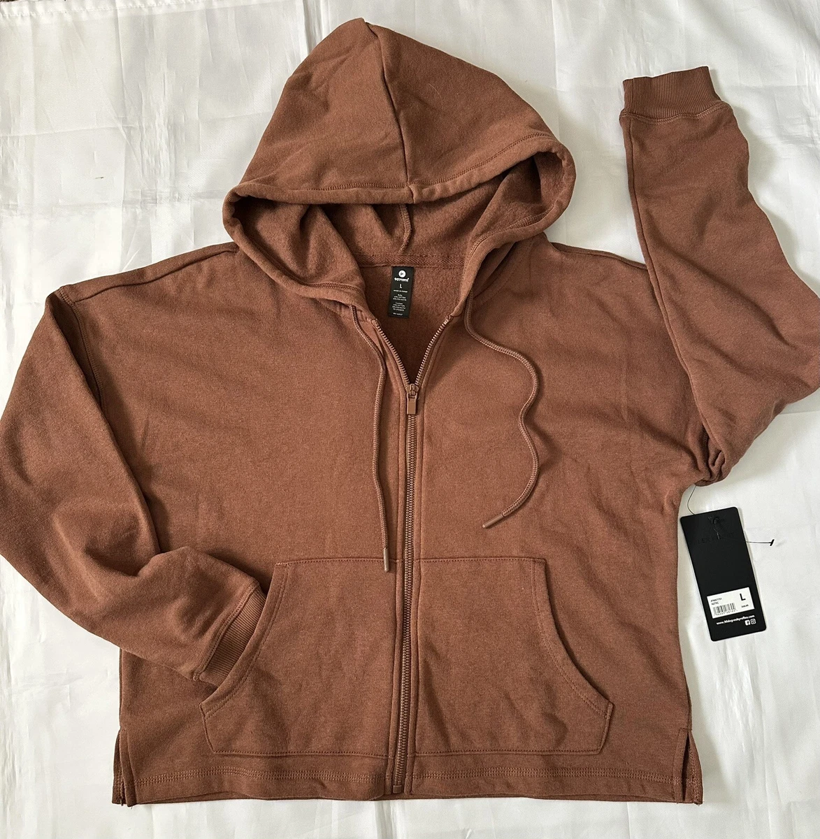 90 DEGREE BY REFLEX FULL ZIP HOODIE JACKET, CROPPED, SIZE L, BROWN