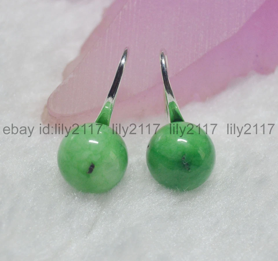 Pendientes colgantes de gancho de plata con cuentas de piedras preciosas redondas de jade de 10 mm naturales genuinos Foto 3 de 4