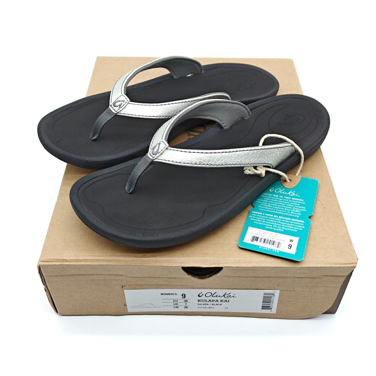 OluKai Kulapa Kai Women’s Size 7 /9/11 Sliver/Black Flip Flops 20198-2K40