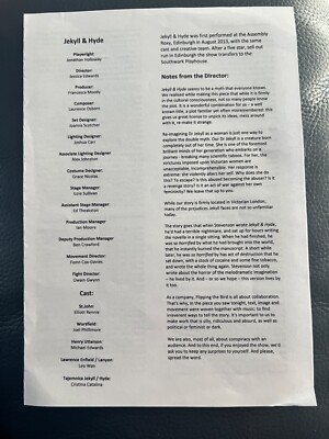 Jekyll Hyde Southwark Playhouse Theatre Programme UK