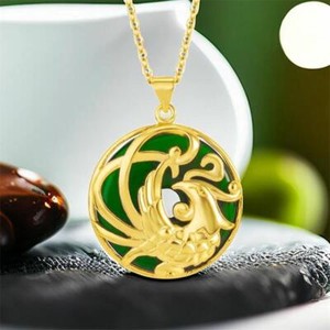 Authentic Real Jade Phoenix Pendant Necklace Natural Jewelry Men Stone 18K Gold Plated