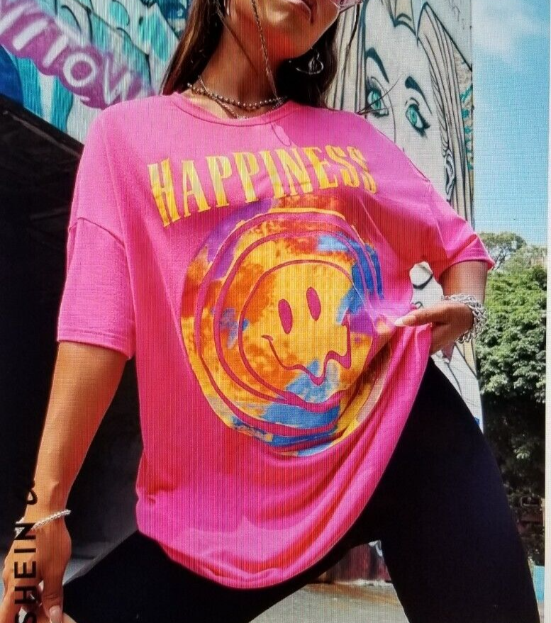 SHEIN WOMENS FUCHSIA PINK HAPPINESS SHORT SLEEVE T SHIRT LARGE L