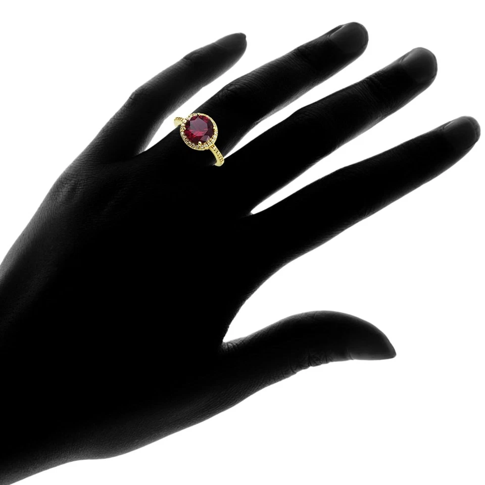 Round Halo Simulated Ruby & Cubic Zirconia Ring in Gold Plated Silver - Image 3 of 4