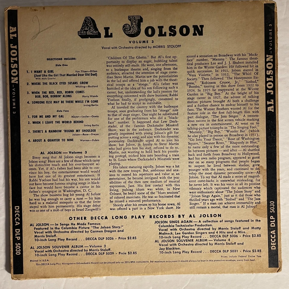 Al Jolson ‎– Volume Three Vinyl, 10" 1949 Decca ‎– DLP 5030 - Image 2 of 3