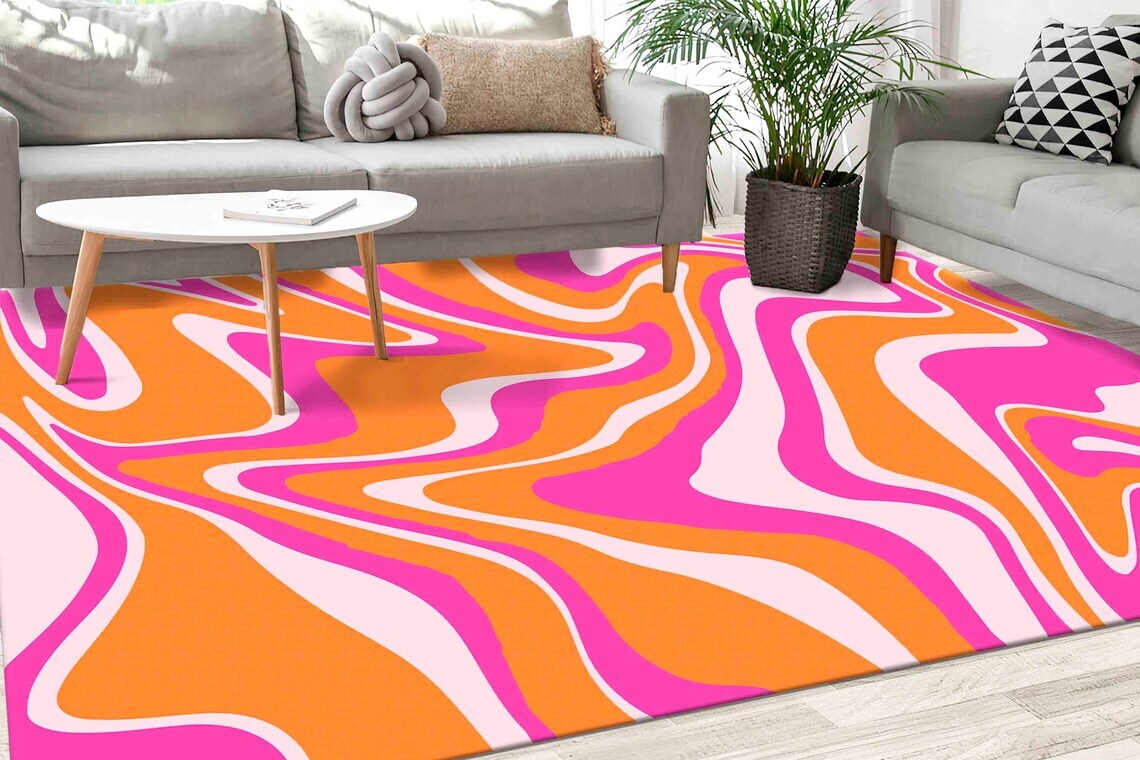 87.5×179 “Orange Flamingo” ViNTAGE RUG Retro 60's 70's. Mod Flower, Brown, Orange, Yellow, MCM