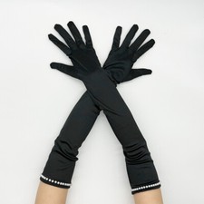 Womens Gloves Black Satin Gloves Faux Pearls Silky Decor Party Gloves Opera