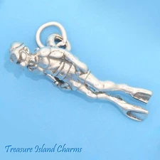 Scuba Diver Diving with Oxygen Tank Flippers 3D 925 Solid Sterling Silver Charm