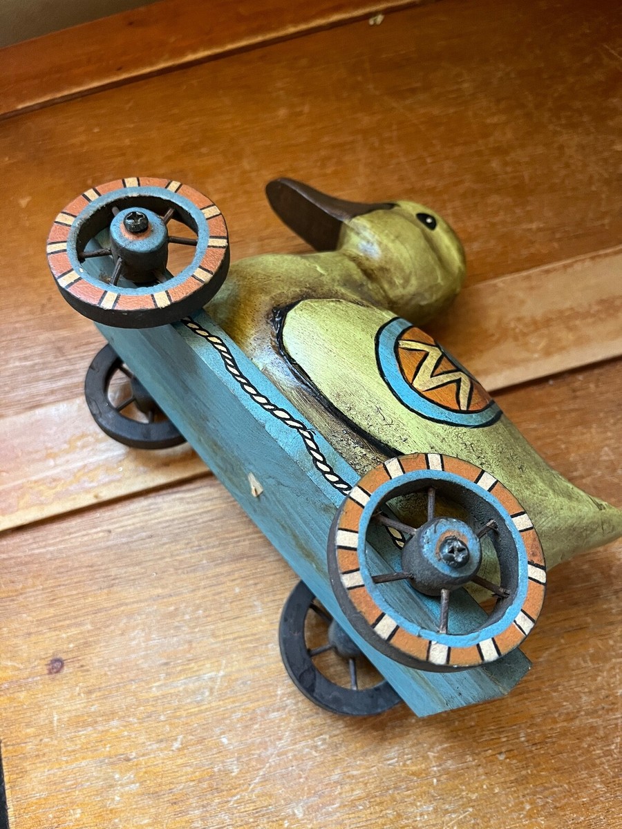 Faux Carved Wood Hollow Resin Yellow Duck w Wheels Primitive