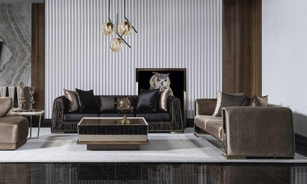 Elegantes Schwarzes Und Braunes Wohnzimmer Set Aus Holz Und Textil-image