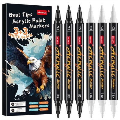 White Black Acrylic Paint Pens Markers, 6 Pc Dual Tips Waterproof Paint Marke...