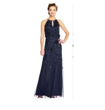 Adrianna Papell Halter Floral Sequin Maxi Gown Blue NWOT Size 4 Prom Formal
