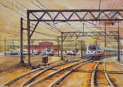 SEPTA Trains, Wayne Junction, Phila. PA. James Mann original watercolor painting