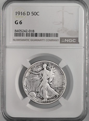 1916-D  50C  WALKING LIBERTY HALF DOLLAR  "DENVER" NGC G6  #8405242-018 LOOKS VG