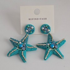 New Beaded Starfish Drop Earrings Turquoise Rhinestone Coastal Jewelry