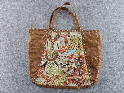 Ebisu Boho Tote Bag Distressed Leather Paisley Pattern Shoulder Handbag
