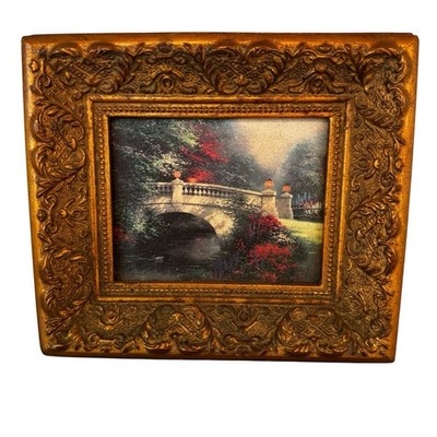 Thomas Kinkade Romantic Bridge Lightpost  1995  Print 8''x 7'' Gold Ornate Frame