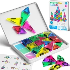 42PCS Mini Magnetic Tiles Travel Set with Iron Storage Box - Portable STEM Bu...