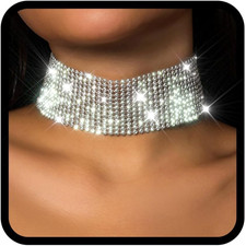 Rhinestone Necklace Jewelry Silver Crystal Wide Choker Necklace Sparkly Collar N