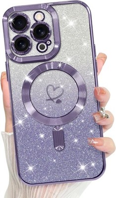 iPhone 14 Pro Max Case Support for Plating Heart Glitter Magnetic Case - Purple
